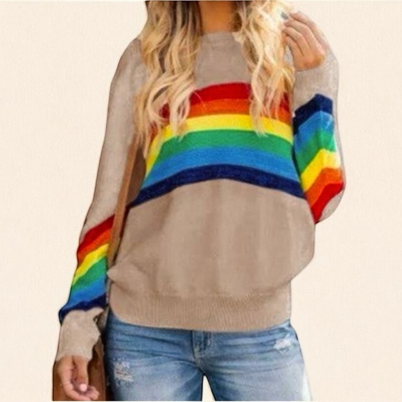 Young Fabulous & Broke Beige Rainbow Stripe Pullover Crew Neck Sweater M/L - Picture 1 of 7